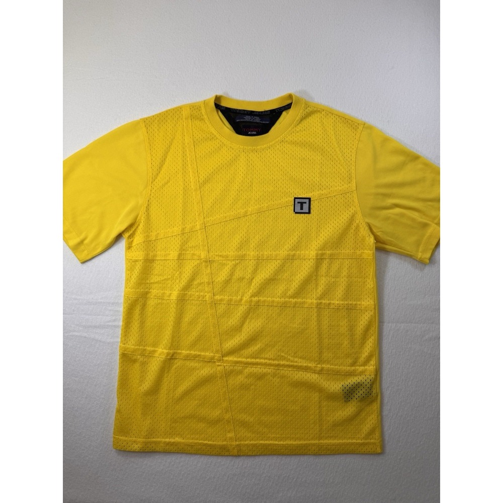 Tommy Jeans Tommy Hilfiger Mens Mesh Jersey L Yellow Stripes Vintage Sports EUC